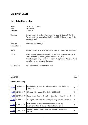 Agenda Hovudutval for LivslÃ¸p 14.06.2012 kl. 9:00 - Hemsedal ...
