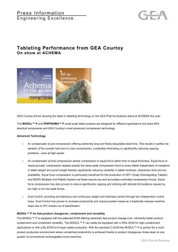 Press Information Tableting Performance from GEA Courtoy
