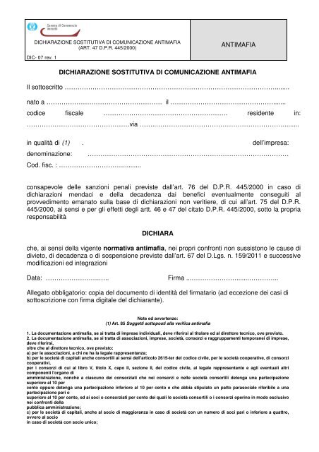 MODELLO AUTOCERTIFICAZIONE COMUNICAZIONE ANTIMAFIA SCARICA