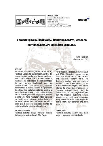 monteiro lobato, mercado editorial e campo literÃ¡rio ... - UNESP-Assis