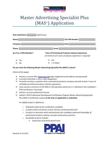 Master Advertising Specialist Plus (MAS+) Application - PPAI