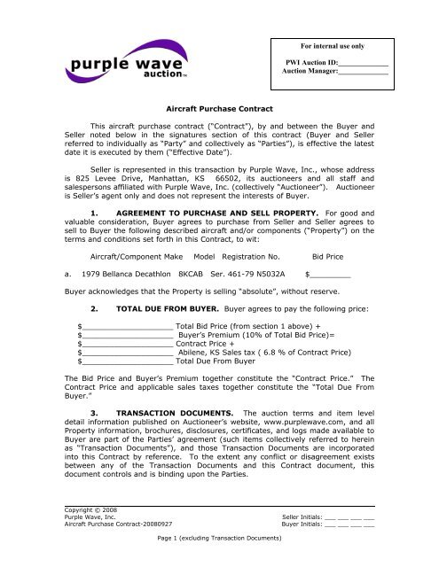 Aircraft Purchase Contract - Purple Wave, Inc.