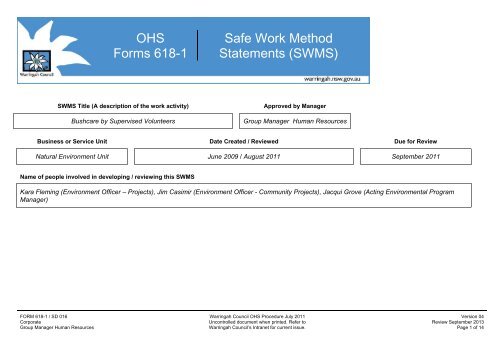 OHS Forms 618-1 Safe Work Method Statements (SWMS)