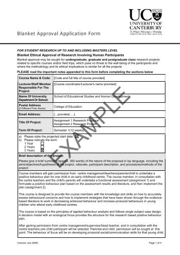 Example Blanket Application Form - University of Canterbury