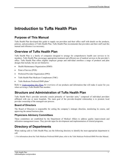 Introduction to Tufts Health Plan Purpose of This Manual