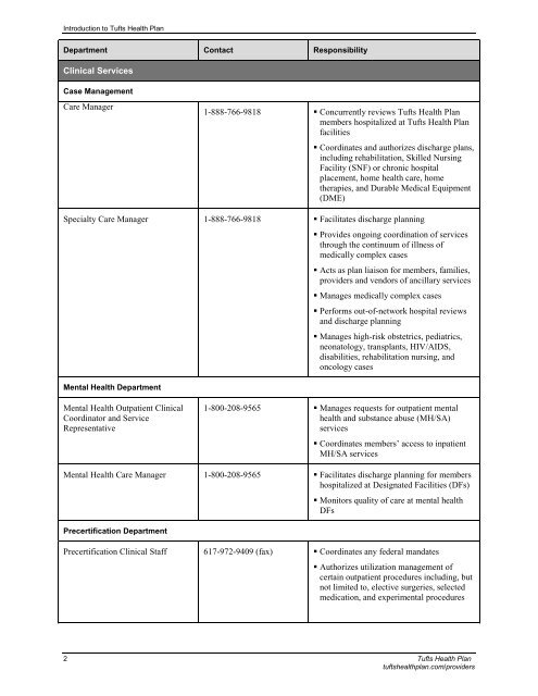 Introduction to Tufts Health Plan Purpose of This Manual