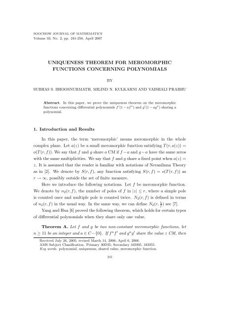 uniqueness theorem for meromorphic functions concerning ...