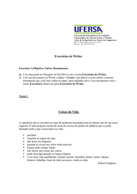 Exercícios de Writer Coisas da Vida - Ufersa