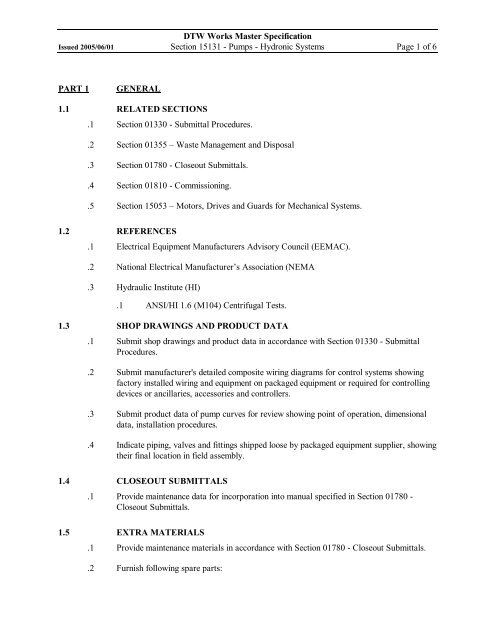 DTW Works Master Specification Section 15131 - Pumps - Hydronic ...