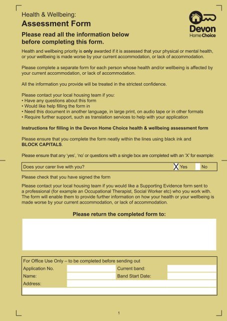 Health Wellbeing Assessment Form Devon Home Choice - 
