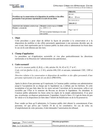 ProcÃ©dure sur la conservation et la disposition du mobilier et des ...