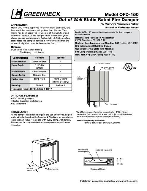 Model OFD-150 Out of Wall Static Rated Fire Damper - Greenheck