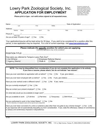 application for employment - Tampa's Lowry Park Zoo