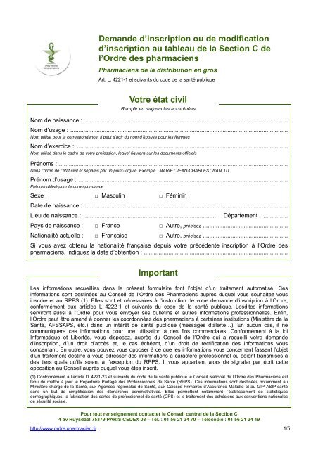 Inscription ou modification d'inscription - section C - Ordre National ...