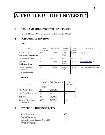 A. PROFILE OF THE UNIVERSITY - Himachal Pradesh University
