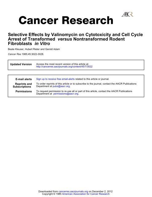 Selective Effects by Valinomycin on Cytotoxicity ... - Cancer Research