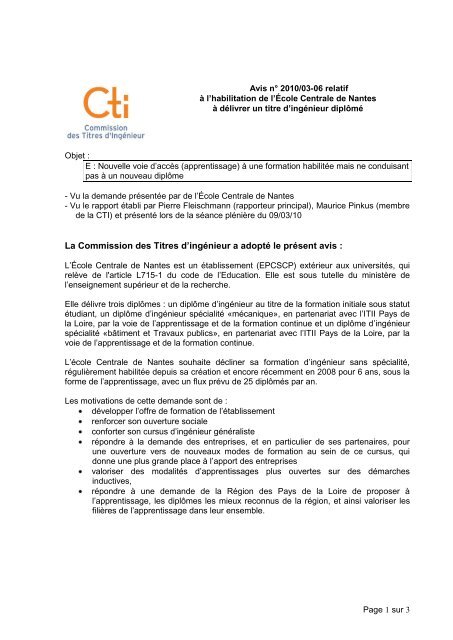Avis EC Nantes - Commission des Titres d'IngÃ©nieur