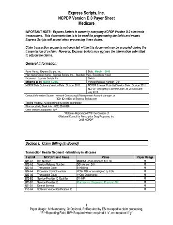 Express Scripts, Inc. NCPDP Version D.0 Payer Sheet Medicare