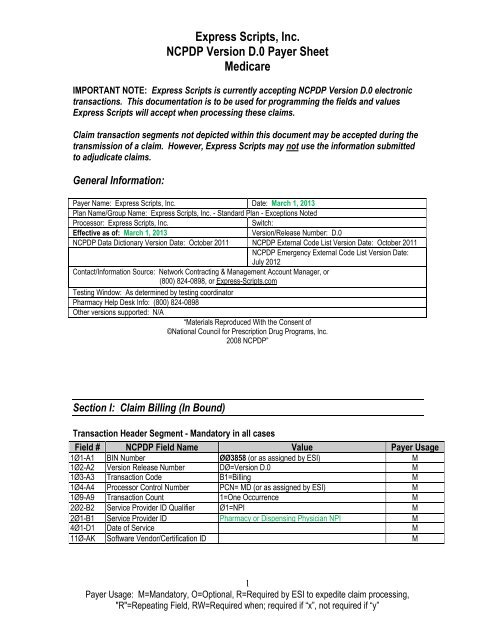 Express Scripts Inc Ncpdp Version D 0 Payer Sheet Medicare
