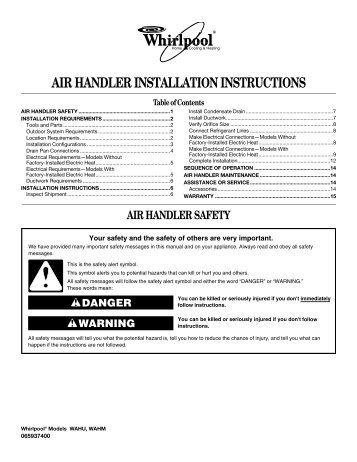 air handler installation instructions - Whirlpool HVAC Dealers