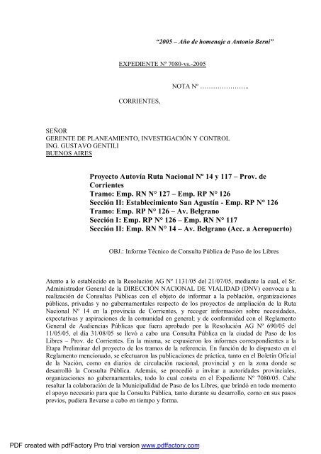 Informe Técnico Paso de los Libres - Dirección Nacional de Vialidad