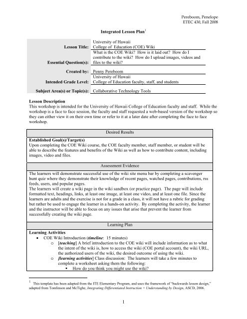 Backward Design Lesson Plan Template Laulima University Of 