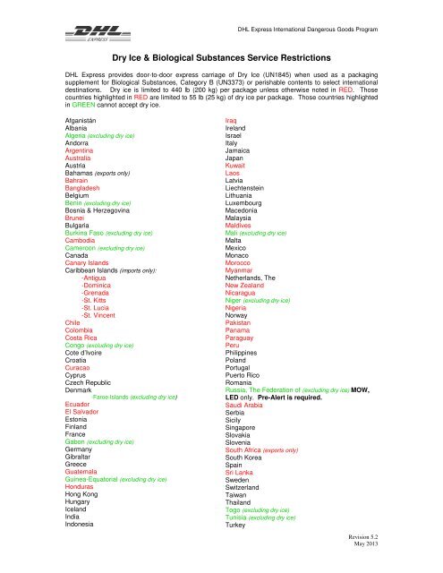 Dry Ice and Biological Substance Country List - DHL