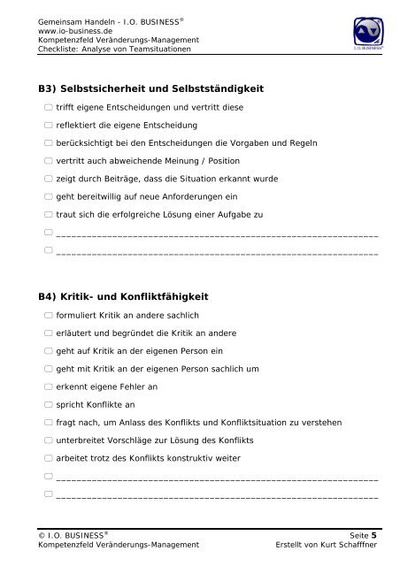 Checkliste Analyse von Teamsituationen - I.O. Business