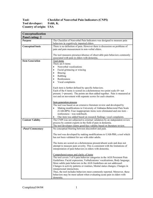 Checklist of Nonverbal Pain Indicators (CNPI)