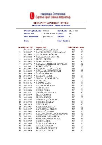DERS (NOT KONTROL) LİSTESİ