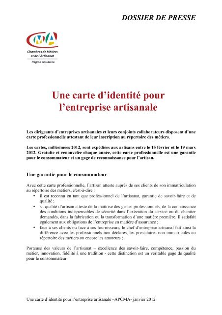 Une carte d'identitÃ© pour l'entreprise artisanale - Chambre de ...