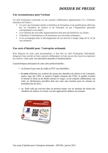 Une carte d'identitÃ© pour l'entreprise artisanale - Chambre de ...