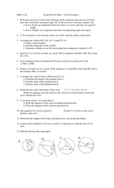 Circle Geometry Review Sheet - Fredericton High School