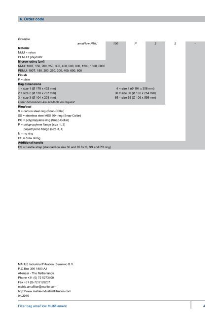 Filter bag amaFlow Multifilament - MAHLE Industry - Filtration