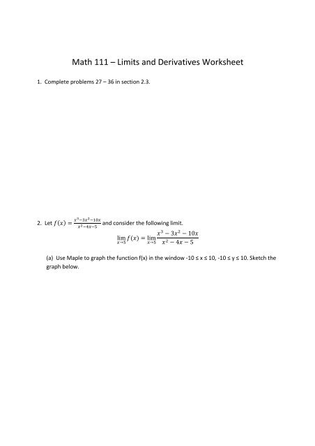 Math 111 A Limits And Derivatives Worksheet