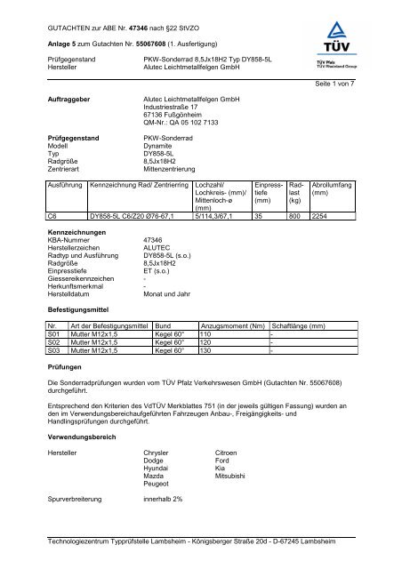 GUTACHTEN zur ABE Nr. 47346 nach Â§22 StVZO Anlage 5 zum ...