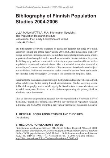 Bibliography of Finnish Population Studies 2004â2006 - VÃ¤estÃ¶liitto