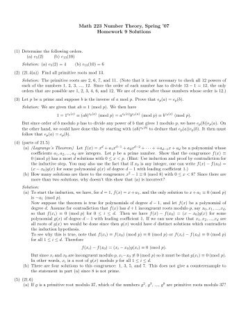 Math 223 Number Theory, Spring '07 Homework 9 Solutions