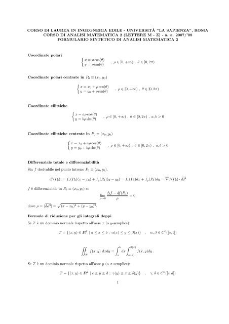 Formulario - Sezione di Matematica - Sapienza