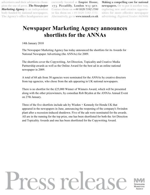 Newspaper Marketing Agency announces shortlists ... - Creativematch