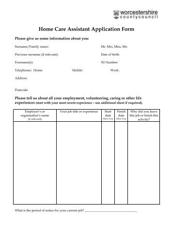 Home Care Assistant Application Form - Worcestershire County ...