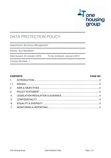 DATA PROTECTION POLICY - One Housing Group