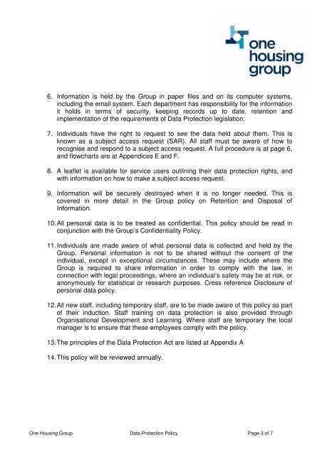 DATA PROTECTION POLICY - One Housing Group