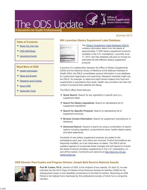 ODS Update | Summer 2013 - Office of Dietary Supplements ...