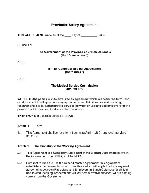 Provincial Salary Agreement - British Columbia Medical Association