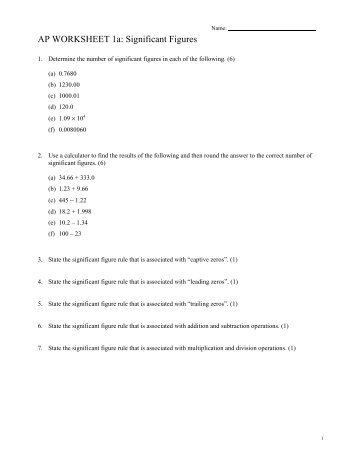 AP WORKSHEET 1a: Significant Figures