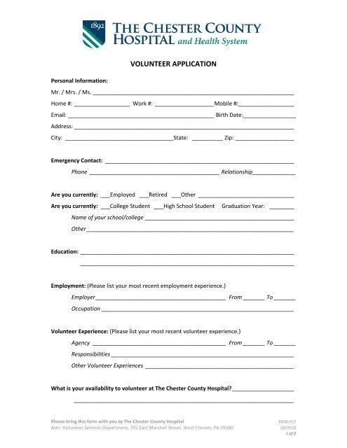 VOLUNTEER APPLICATION - The Chester County Hospital