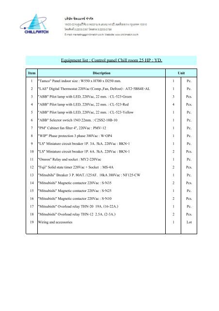 PRICE LIST Control panel for CHILL ROOM _2010