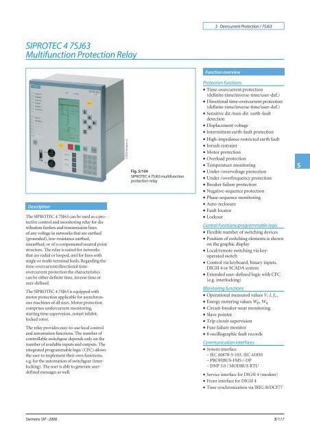 SIPROTEC 4 7SJ63 Multifunction Protection Relay - Siemens