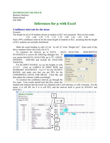 Inferences for with Excel - SLC Home Page